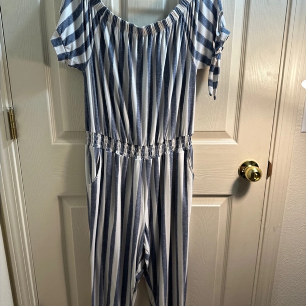 XXL Planet Gold Blue & White Striped  Jumpsuit with adjustable shoulder ties